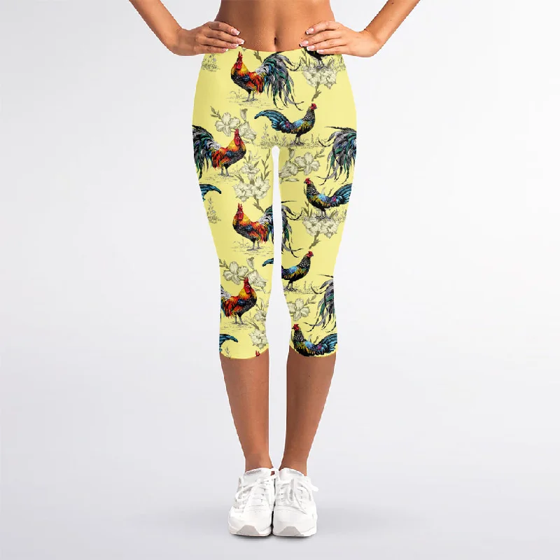 Seasonal Clearance Rooster And Flower Pattern Print Women's Capri Leggings