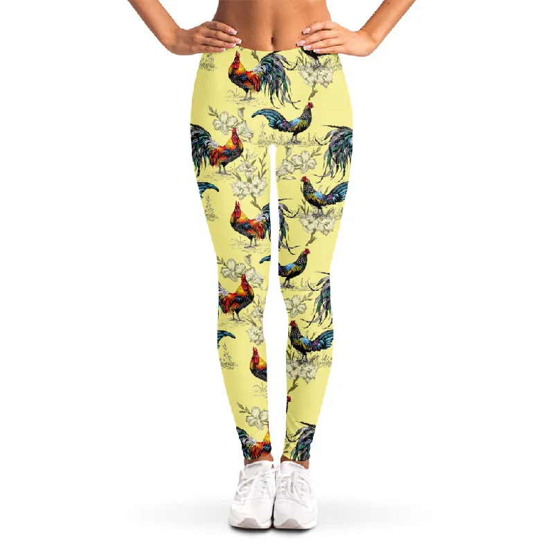 Stock Clearance Rooster And Flower Pattern Print Women's Leggings
