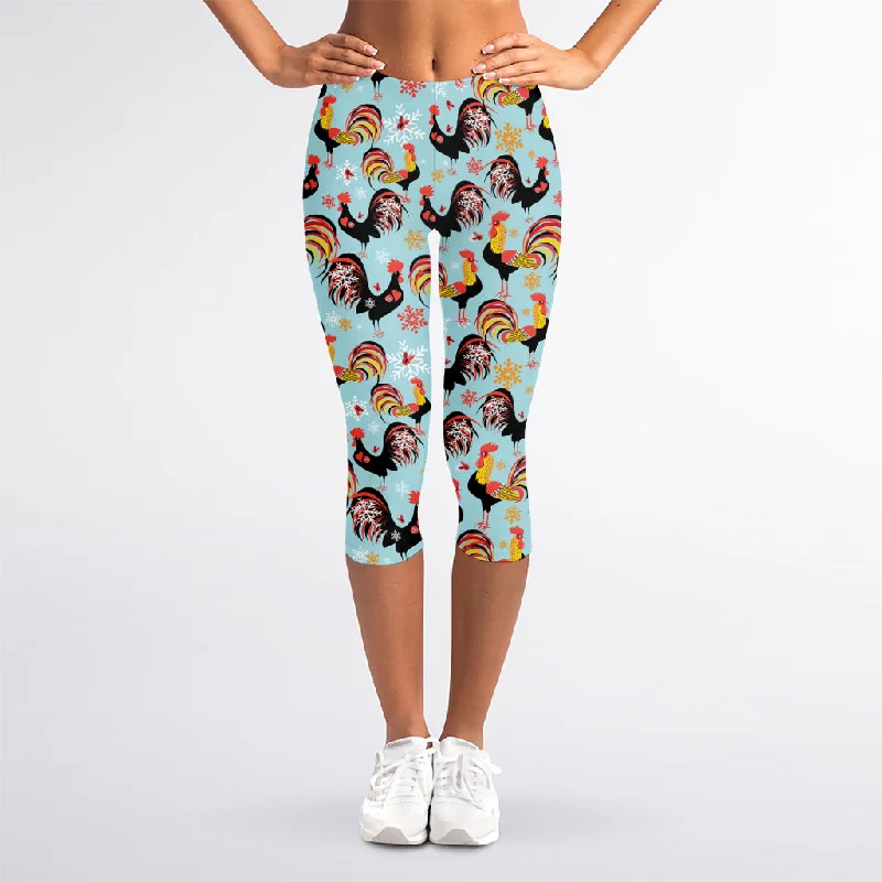 Referral Discount Rooster And Snowflake Pattern Print Women's Capri Leggings