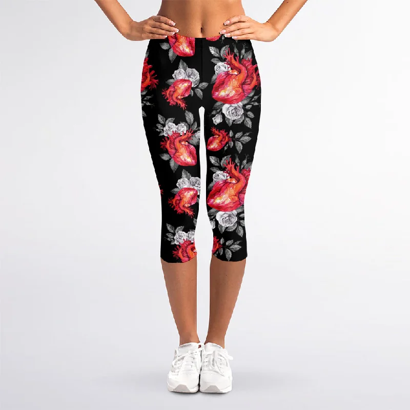 Exclusive Access Rose And Heart Pattern Print Women's Capri Leggings