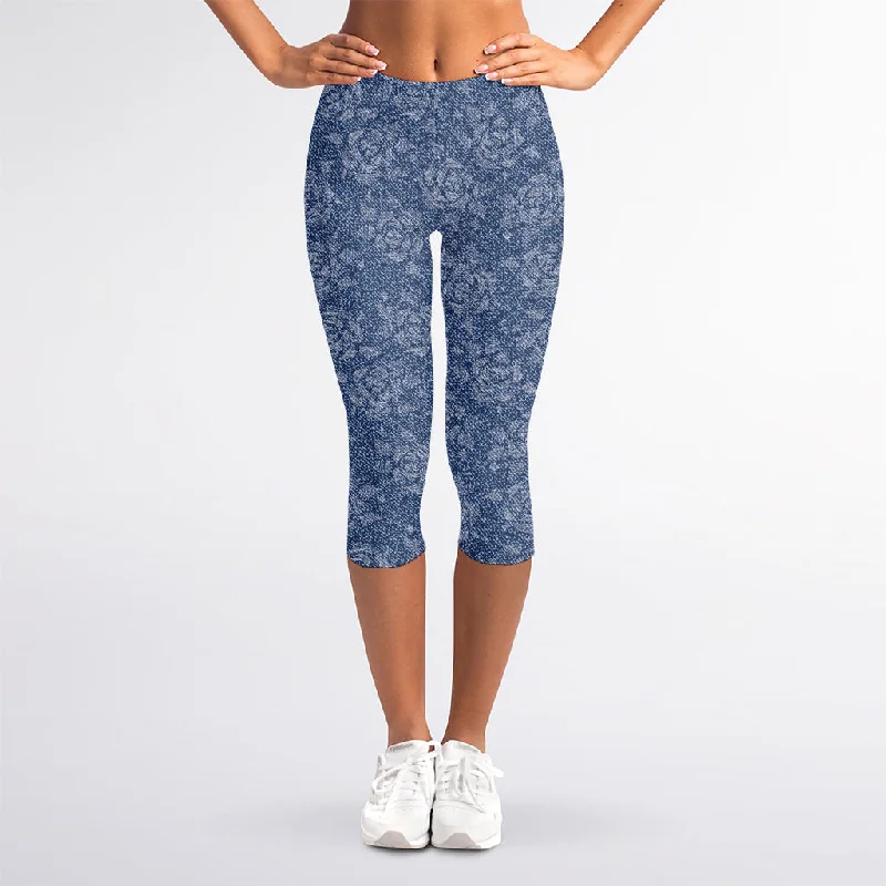 Super Savings Rose Denim Jeans Pattern Print Women's Capri Leggings