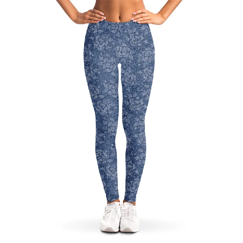Midnight Madness Rose Denim Jeans Pattern Print Women's Leggings