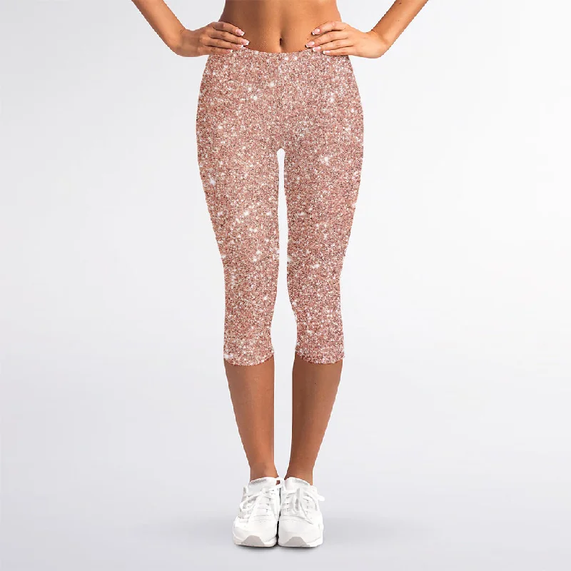 Clearance Event Rose Gold (NOT Real) Glitter Print Women's Capri Leggings