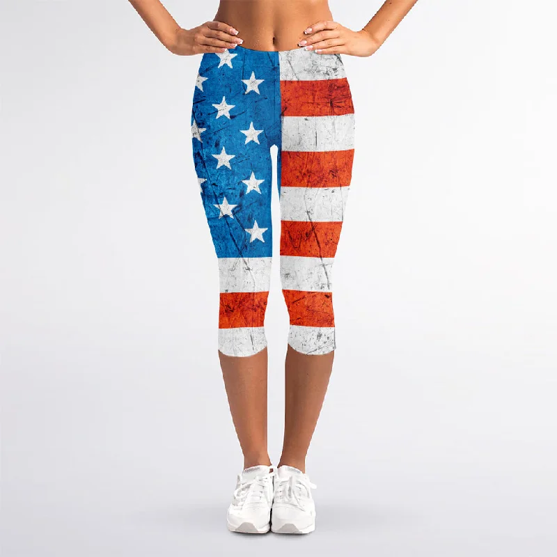 Holiday Sale Rough USA Flag Print Women's Capri Leggings