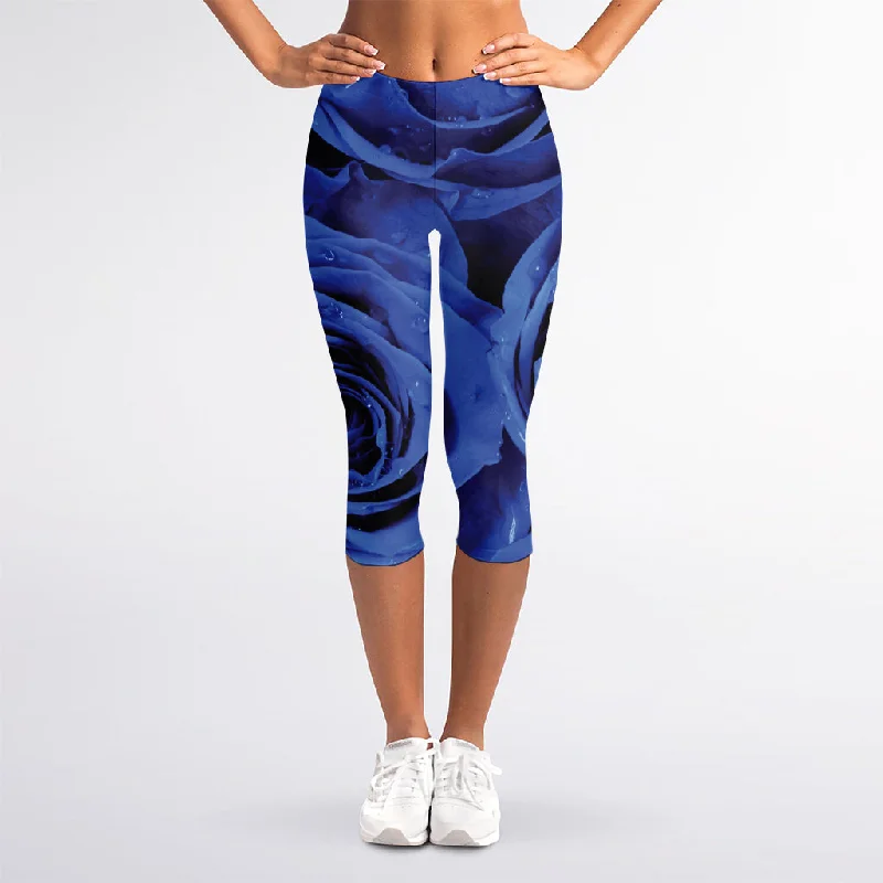 Limited Stock Royal Blue Rose Print Women's Capri Leggings