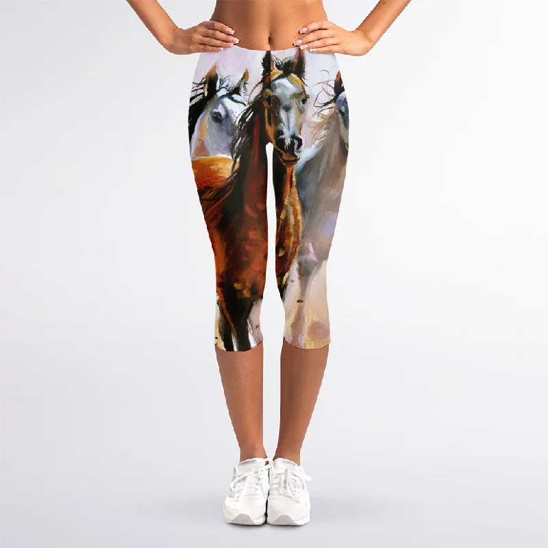 Shop and Save Running Horses Painting Print Women's Capri Leggings