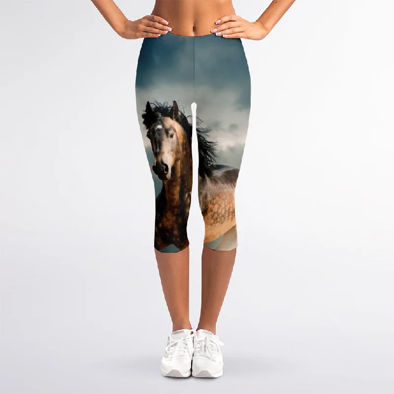 Unmissable Offer Running Wild Stallion Horse Print Women's Capri Leggings