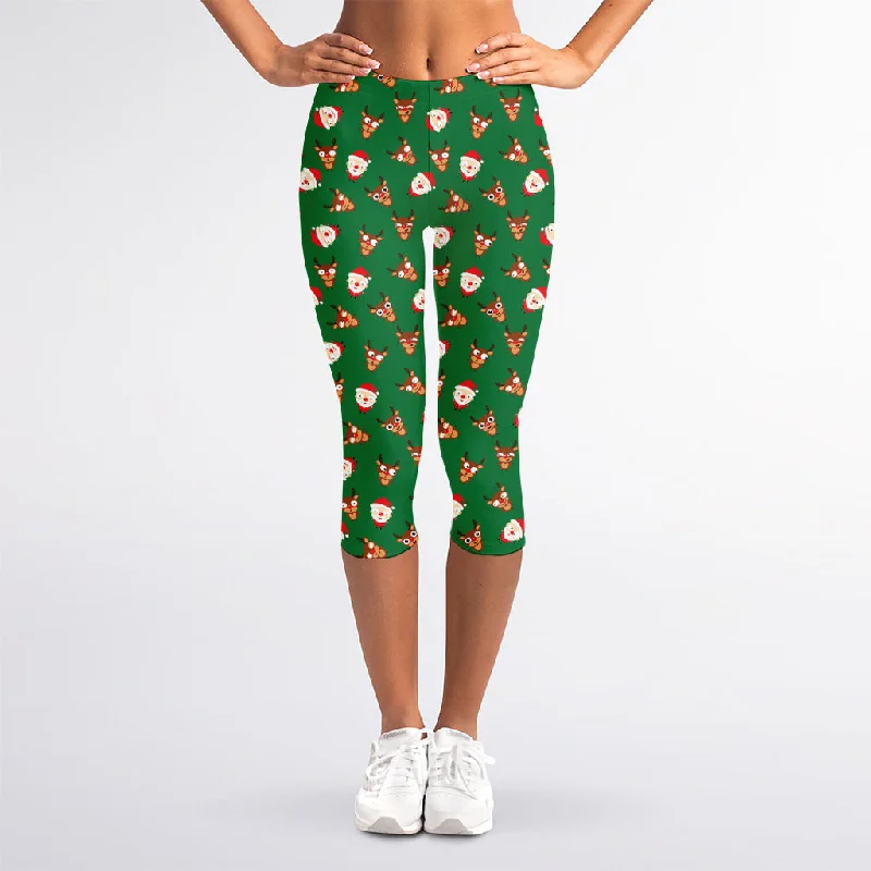 Blowout Deals Santa Claus And Reindeer Emoji Print Women's Capri Leggings