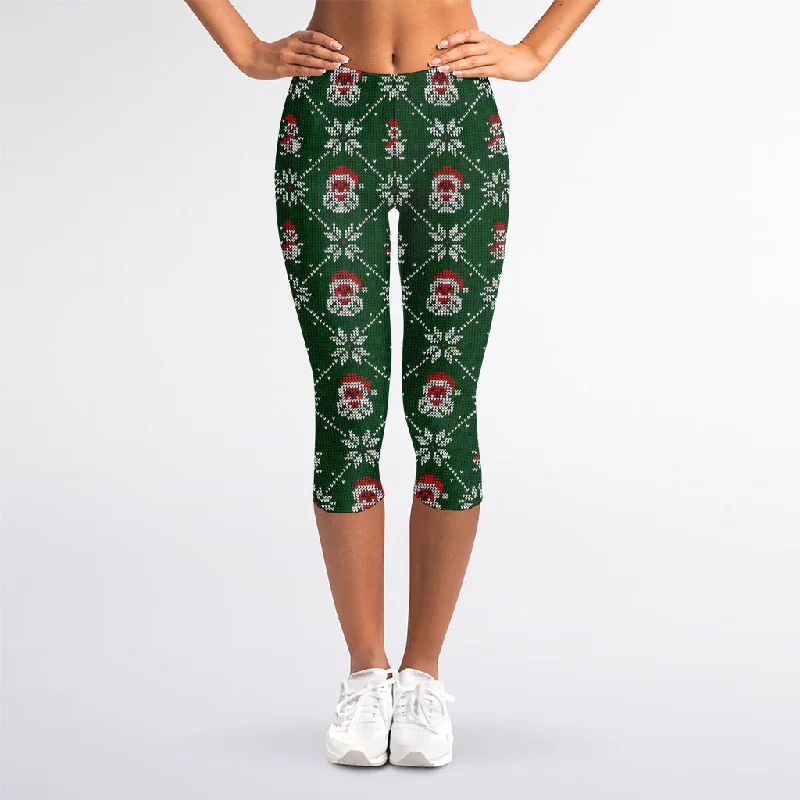 Sale Event Santa Claus Knitted Pattern Print Women's Capri Leggings
