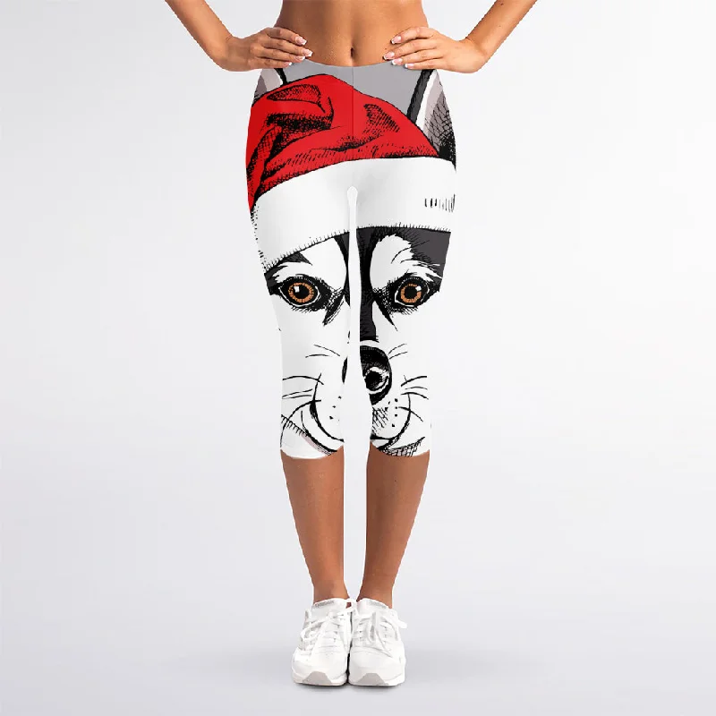 Special Price Santa Siberian Husky Print Women's Capri Leggings
