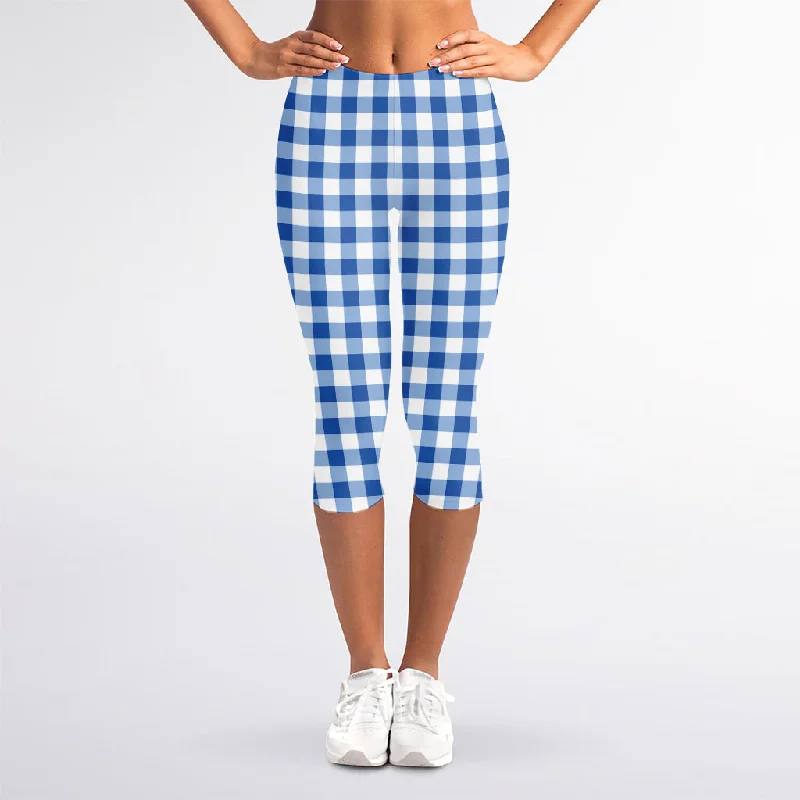 Limited Availability Sapphire Blue Check Pattern Print Women's Capri Leggings