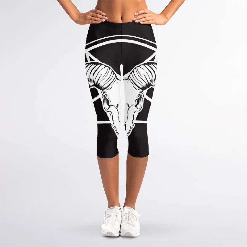Online Only Satan Goat Skull Pentagram Print Women's Capri Leggings