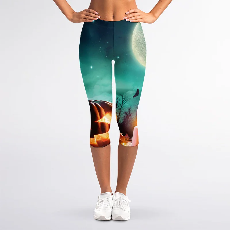 Early Access Scary Halloween Pumpkin Print Women's Capri Leggings
