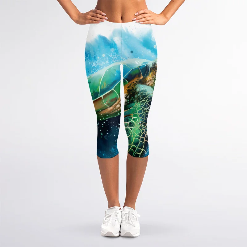 Bargain Blast Sea Turtle Painting Print Women's Capri Leggings
