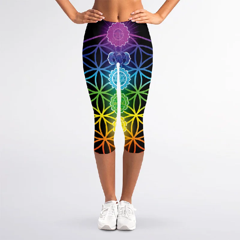 Markdown Madness Seven Chakras Flower Of Life Print Women's Capri Leggings