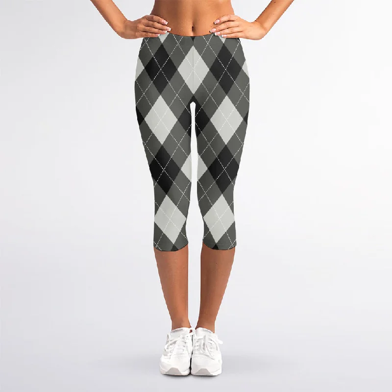 Members Only Shadow Grey Argyle Pattern Print Women's Capri Leggings