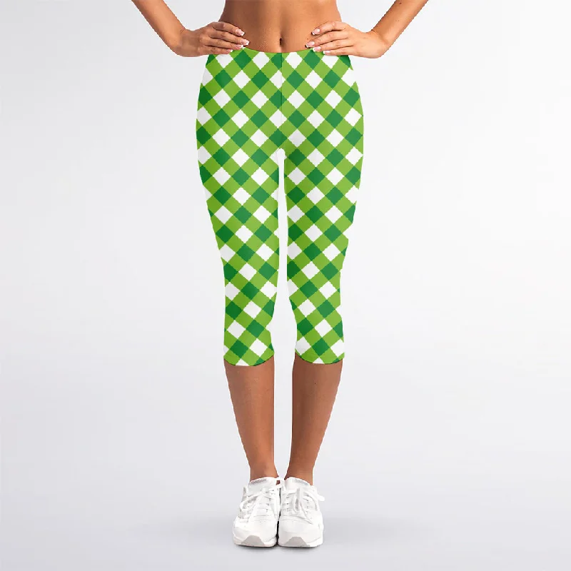 Weekend Flash Sale Shamrock Green And White Gingham Print Women's Capri Leggings