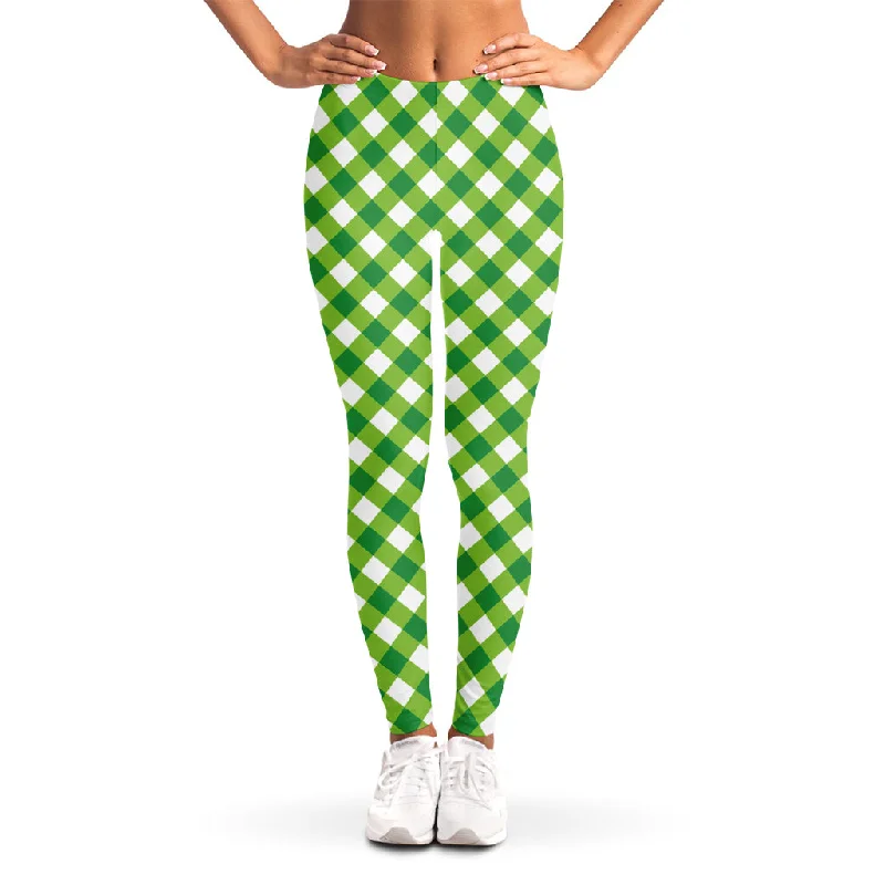 Overstock Shamrock Green And White Gingham Print Women's Leggings