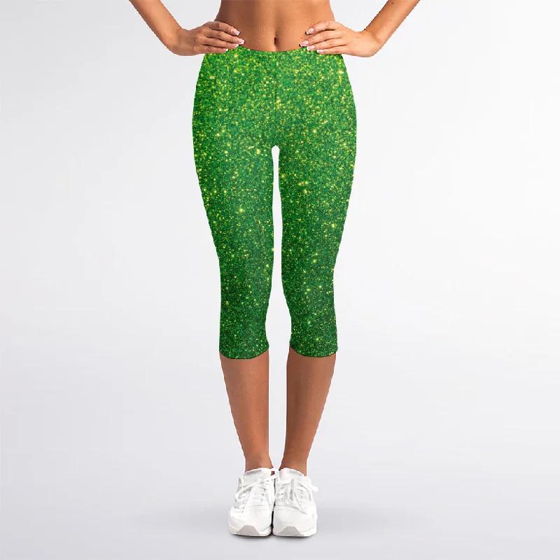 Limited Edition Shamrock Green (NOT Real) Glitter Print Women's Capri Leggings