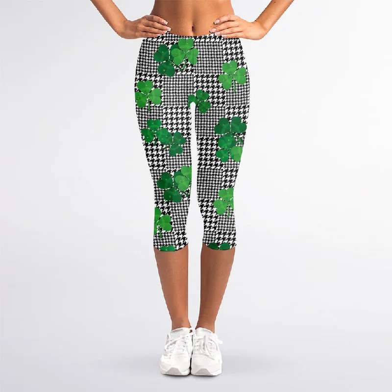 Year-End Sale Shamrocks Houndstooth Pattern Print Women's Capri Leggings
