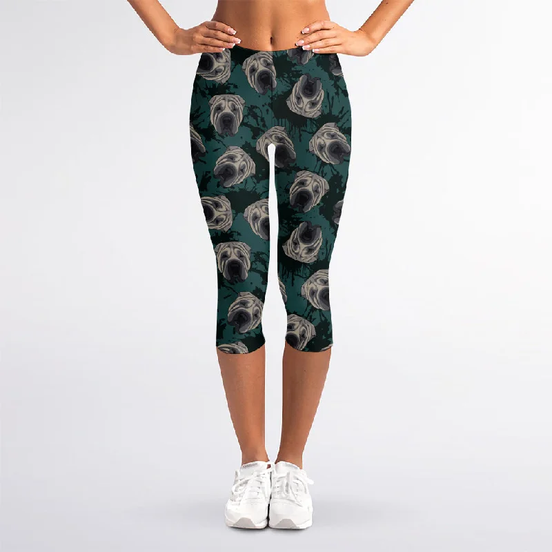 Steals and Deals Shar Pei Face Pattern Print Women's Capri Leggings