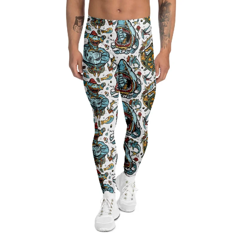 Hurry In Sharks Underwater Tattoo Print Pattern Men's Leggings