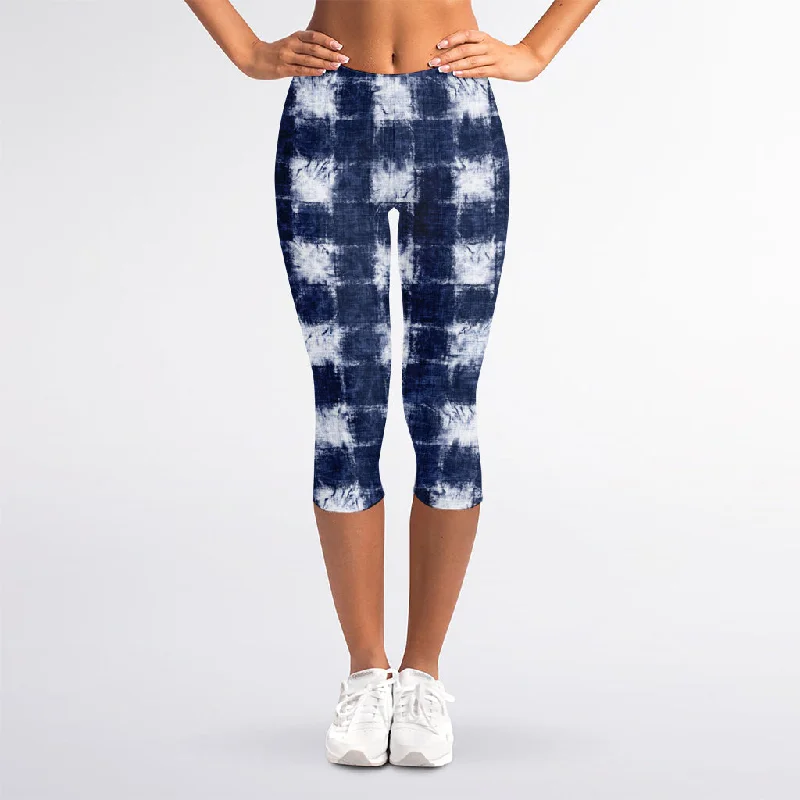 Online Only Shibori Grid Pattern Print Women's Capri Leggings