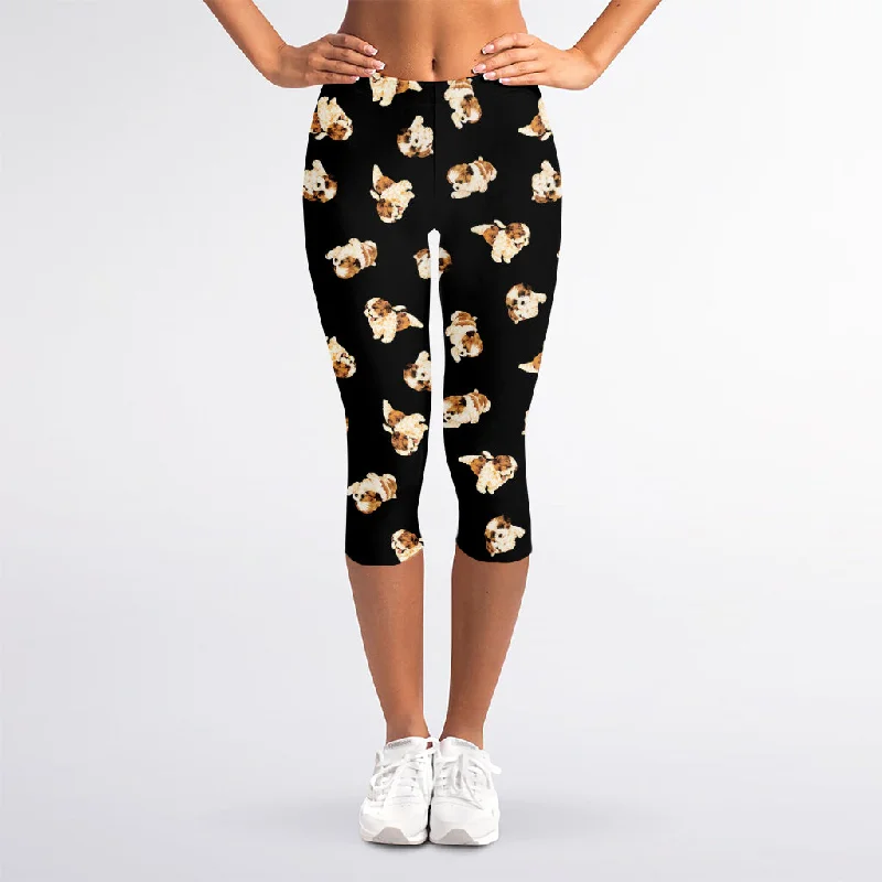 New Deals Shih Tzu Puppy Pattern Print Women's Capri Leggings