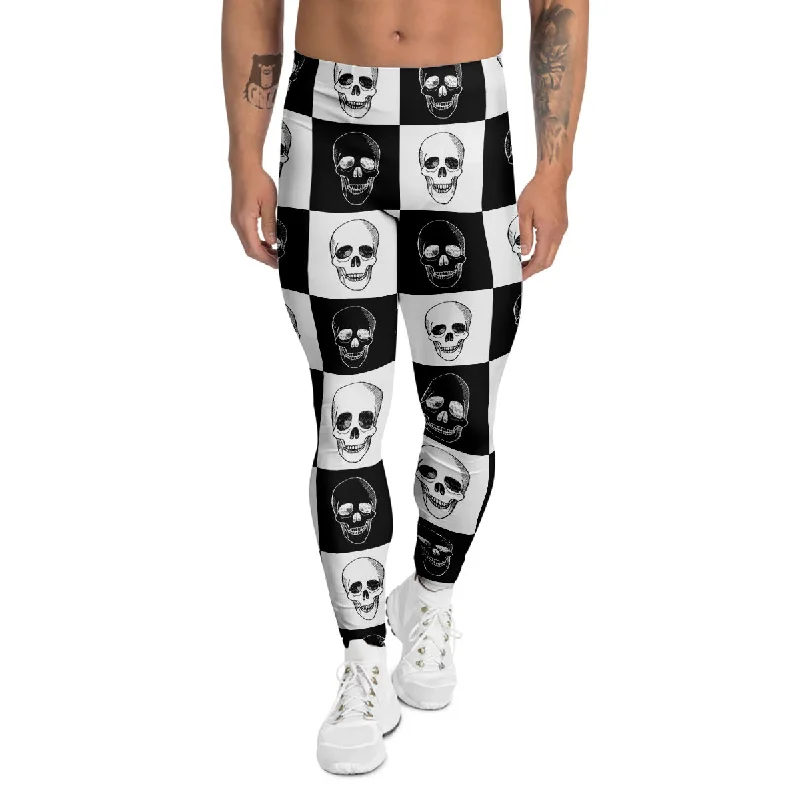 Can't Miss Skull Checkered Print Pattern Men's Leggings