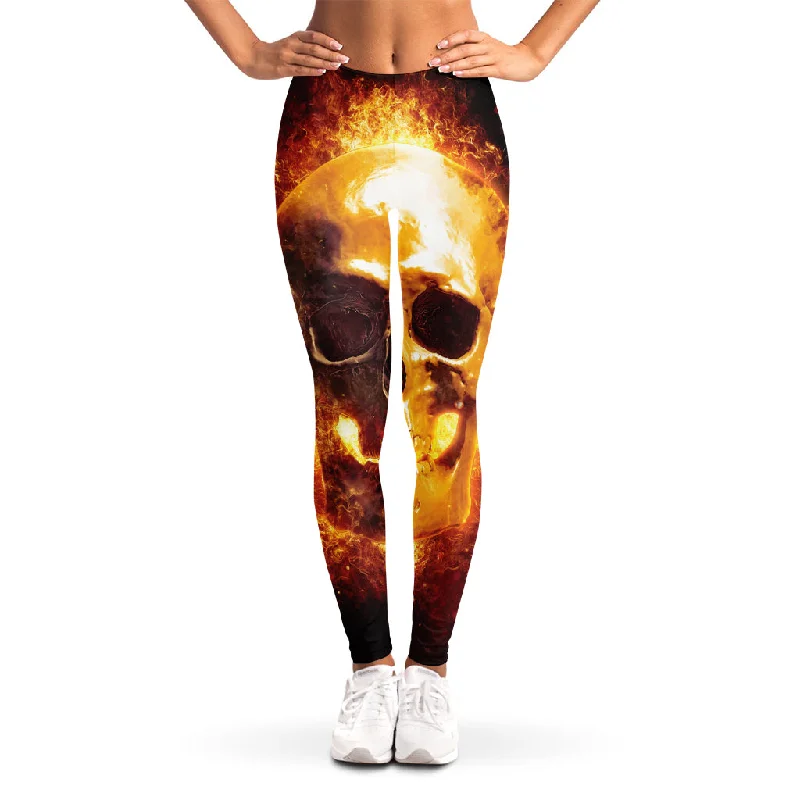 Flash Sale Skull In Flames Print Women's Leggings