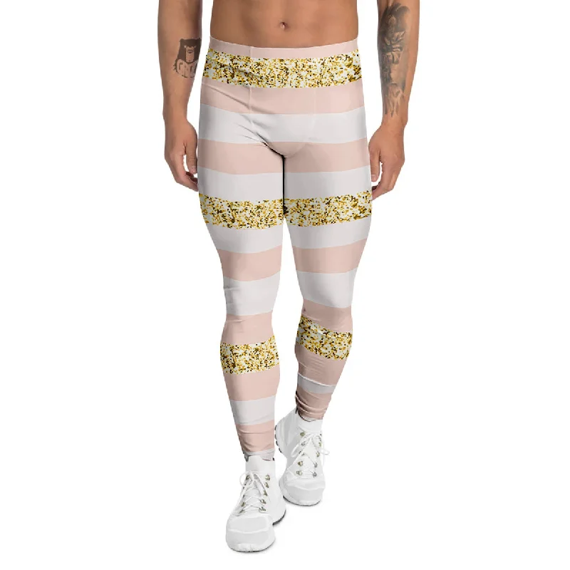 Best Bargains Stripe Glitter Gold Print Pattern Men's Leggings