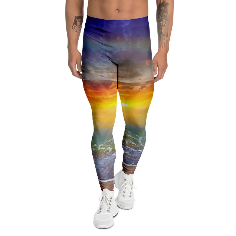 Midnight Madness Sunset And Rainbow On Beach Print Men's Leggings