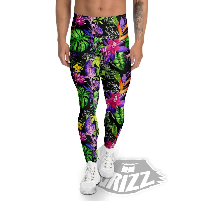 Closeout Tropical Flower Leaf Light Print Pattern Men's Leggings