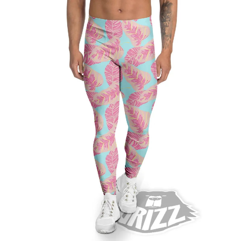 YEAR-End Sale Tropical Leaf Pink And Teal Print Pattern Men's Leggings