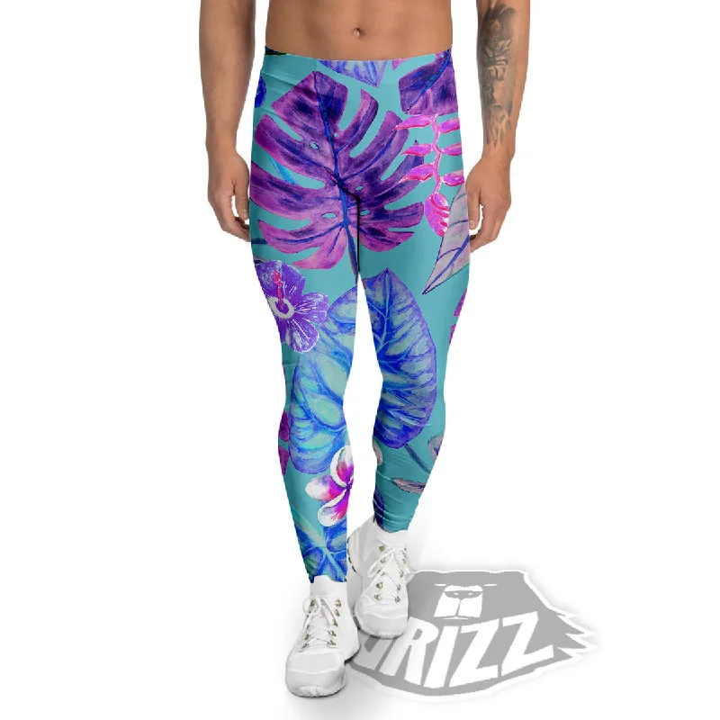 The Best Prices Tropical Leaf Teal And Purple Print Men's Leggings