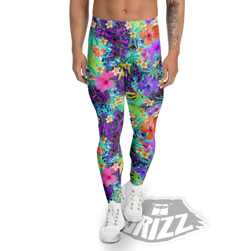 Online Specials Tropical Neon Hibiscus Print Pattern Men's Leggings