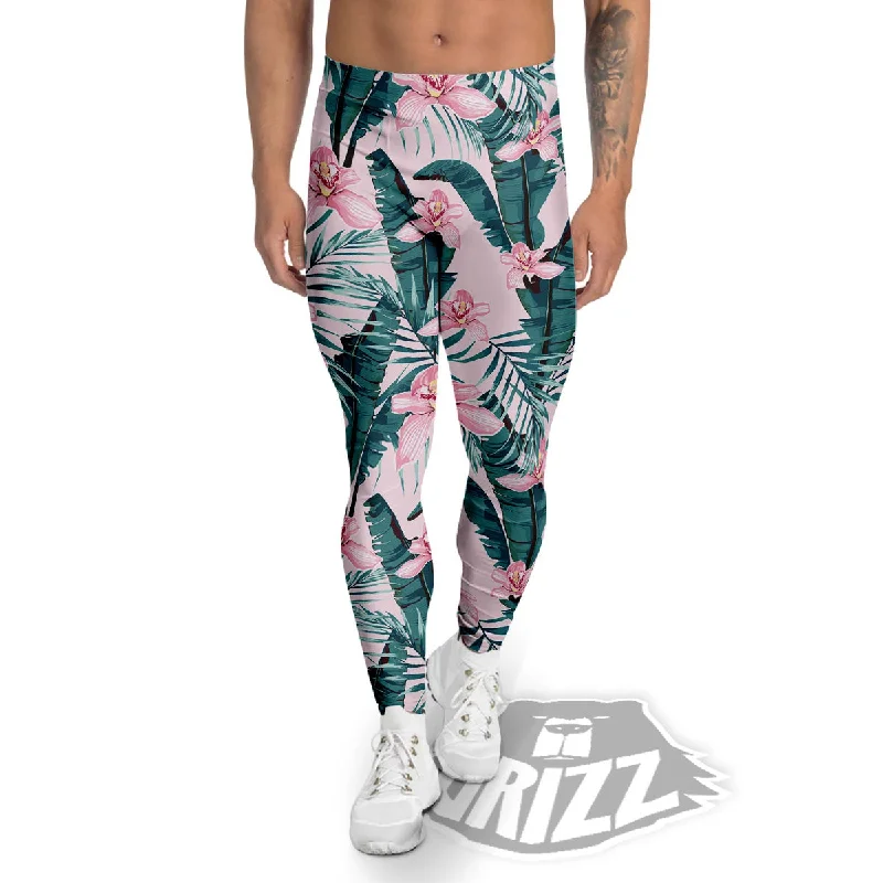 Stock Clearance Tropical Pink Hawaiian Print Pattern Men's Leggings