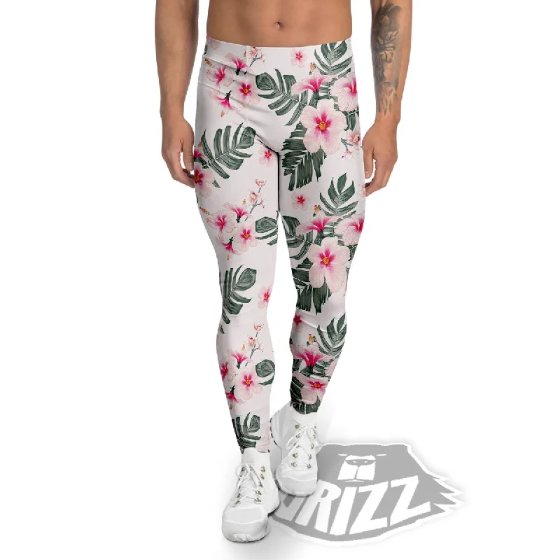 Shop and Save Tropical Pink Hibiscus Print Pattern Men's Leggings