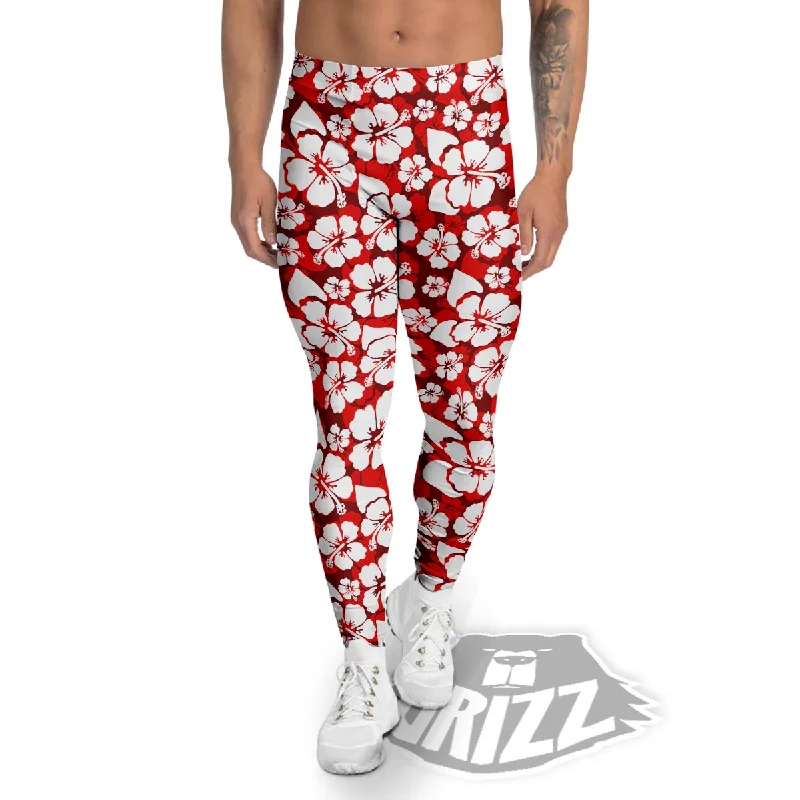 Overstock Tropical Red Hawaiian Print Pattern Men's Leggings
