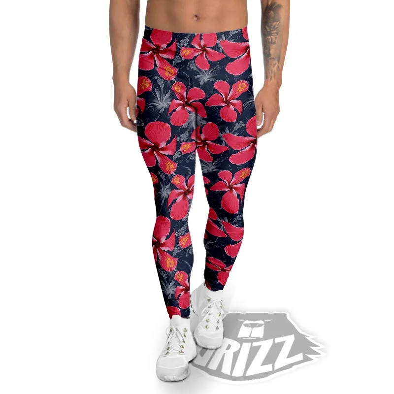 New Deals Tropical Red Hibiscus Print Pattern Men's Leggings