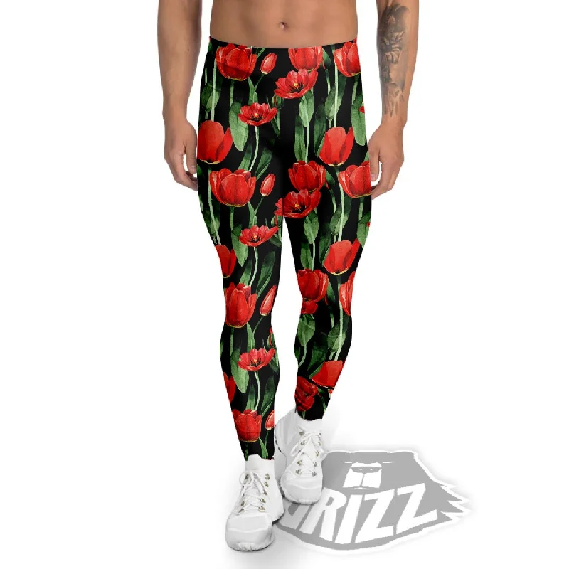 Crazy Deals Tulip Red Watercolor Print Pattern Men's Leggings