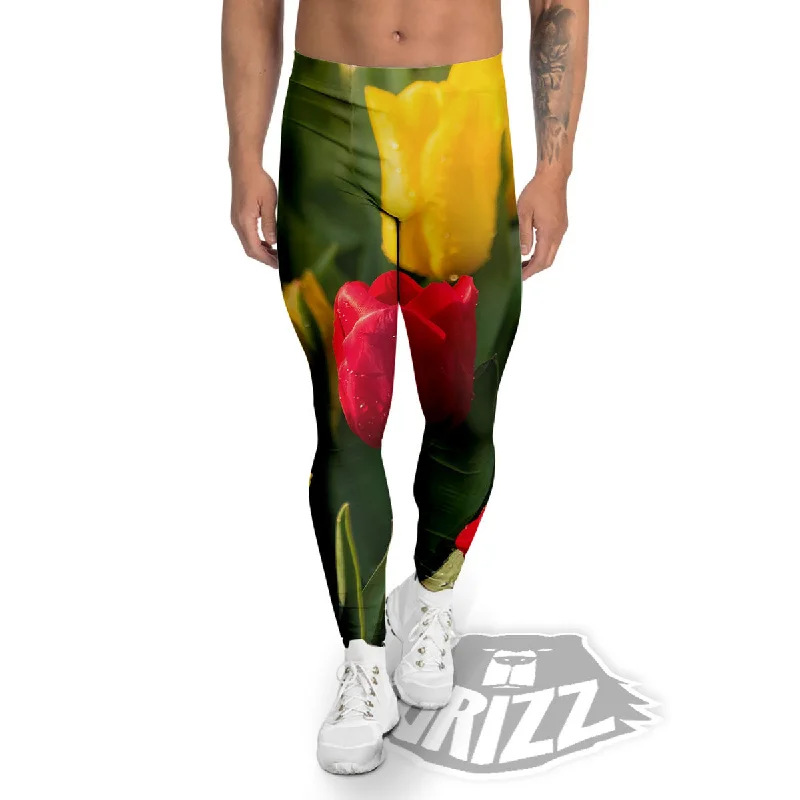 Act Fast Tulip Yellow And Red Print Men's Leggings