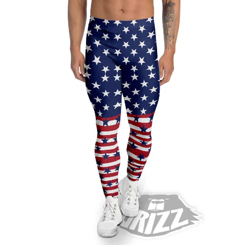 Grand Opening Sale USA Blue And White Star Print Pattern Men's Leggings