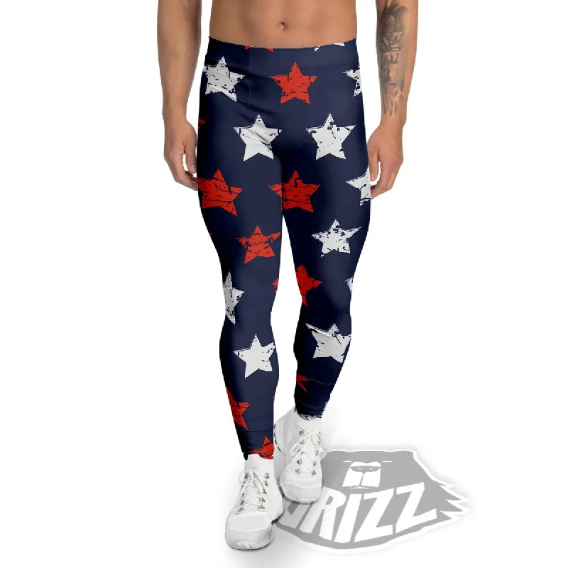 Weekend Flash Sale USA Star Blue And Red Print Pattern Men's Leggings