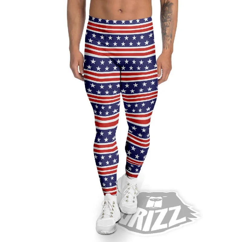 Special Promotion USA Star Red Striped Print Pattern Men's Leggings
