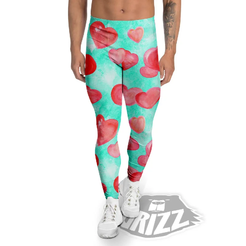 Seasonal Clearance Watercolor Heart Teal And Pink Print Men's Leggings