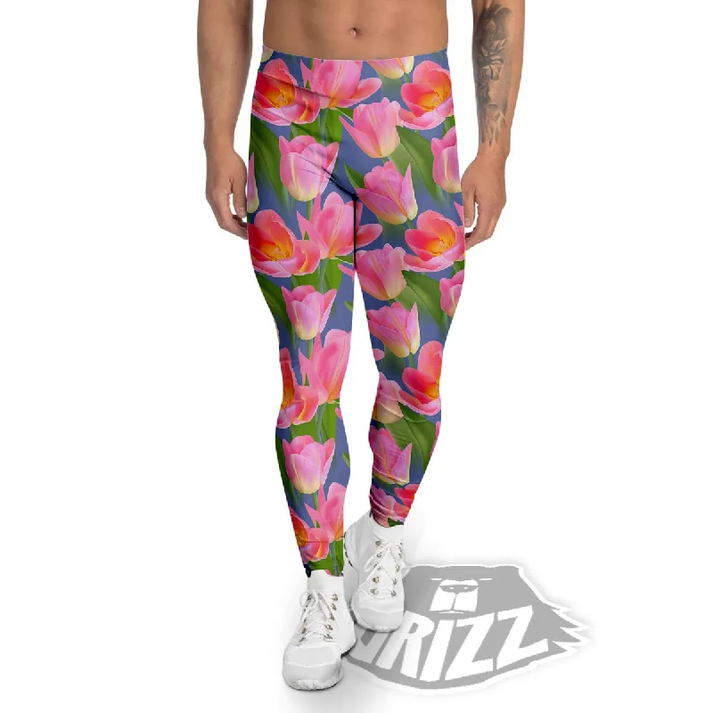 Super Sale Watercolor Tulip Pink Print Pattern Men's Leggings