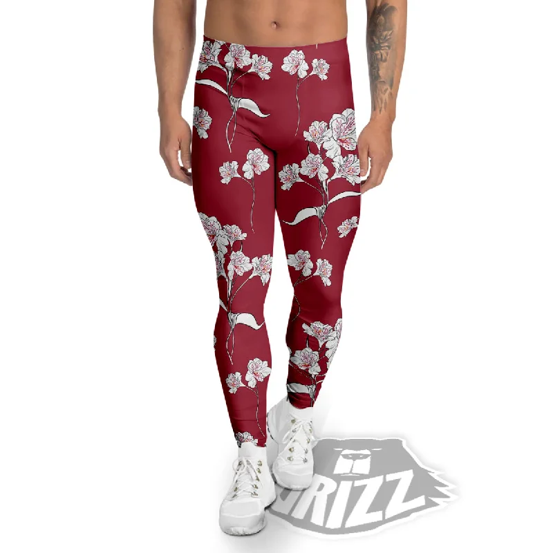 Great Bargains White Alstroemeria Red Print Pattern Men's Leggings