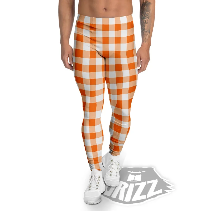 Stock Up and Save White And Orange Check Print Pattern Men's Leggings