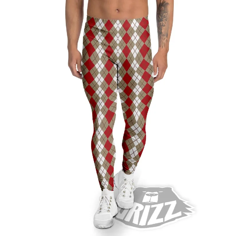 Final Clearance White Argyle And Beige Red Print Pattern Men's Leggings